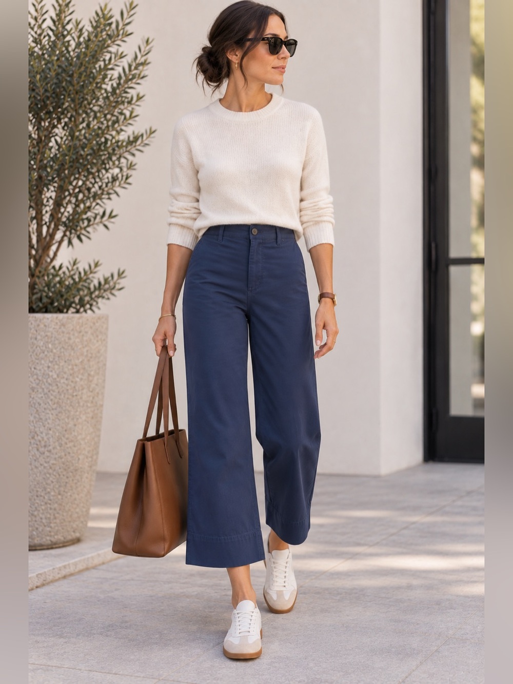 Everlane Wide Leg Crop Pants 2 Navy Blue High Rise Cotton Stretch